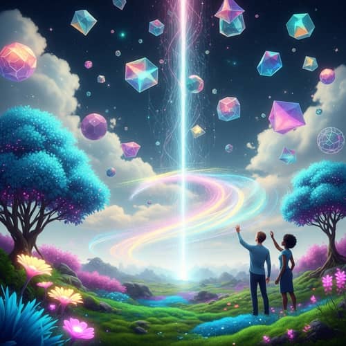 Surrealistic Landscape with Geometric Patterns and Humanoid Figures