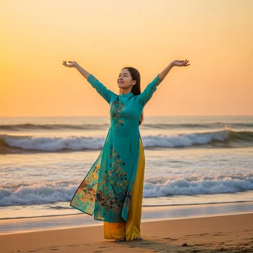 Vietnamese Girl in Vibrant Ao Dai Dress on Beach at Sunset