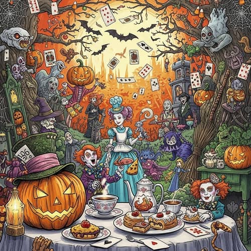 Halloween Wonderland Mashup: Chaotic Scene Mixing Halloween and Wonderland Elements