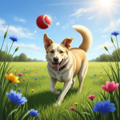 Cream Colored Happy Dog Playing in Green Field