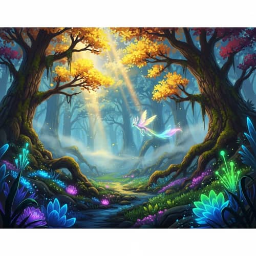 Mystical Forest with Glowing Magical Creature - Fantasy Scene