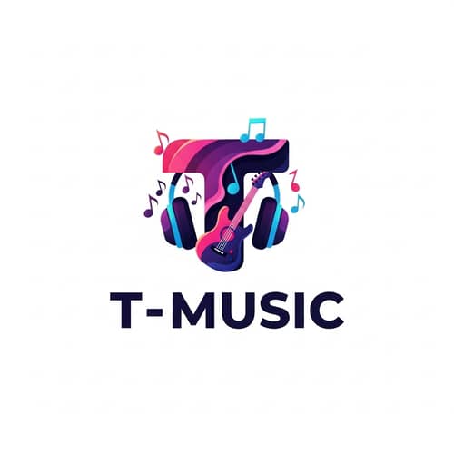 Modern Logo Design for T-Music: Notes, Guitars & Headphones