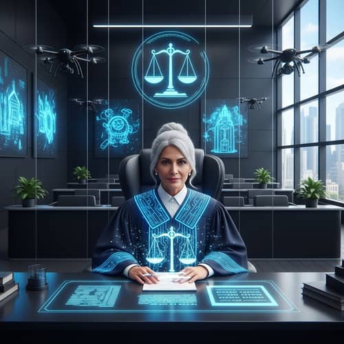Futuristic Judge in Luminescent Cerulean Robe | Digital Justice Setting