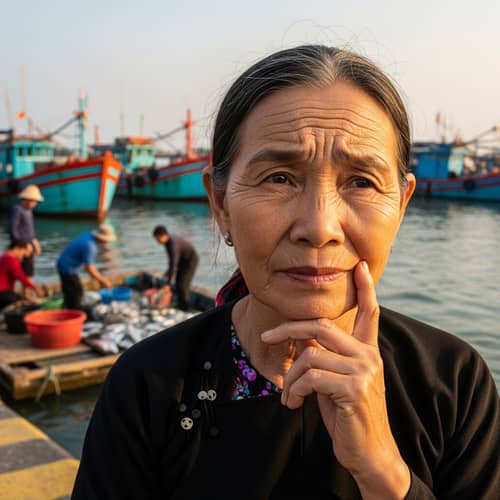 Vietnamese Elderly Woman Contemplating Buying Fish for Release