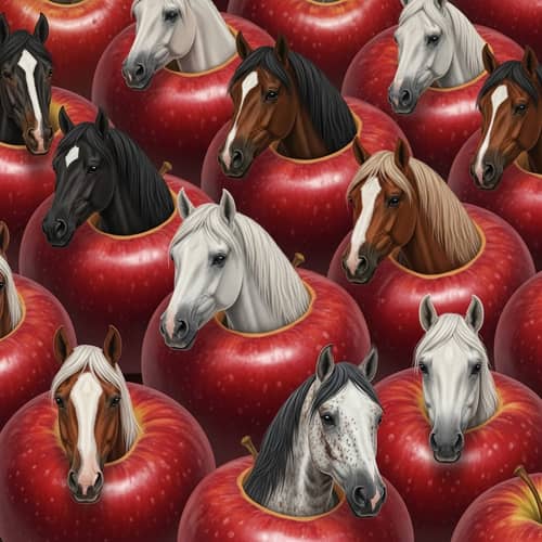 Whimsical Illustration of Shiny Red Apples with Tiny Horses