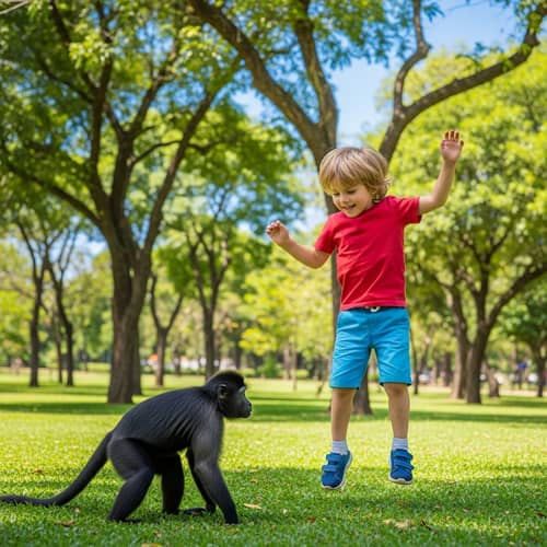 Young Boy Jumping with Playful Black Monkey in Lush Green Park