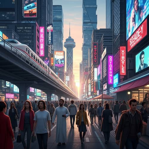 Futuristic Cityscape at Sunset - Diverse Crowd and Bullet Trains