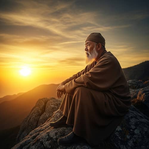 Contemplative Asian Philosopher on Rocky Cliff at Sunset