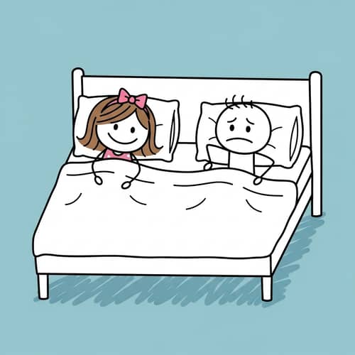 Charming Girl and Uncomfortable Guy Stick Figures in Bed Charming Girl and Uncomfortable Guy Stick Figures in Bed