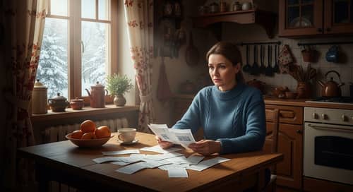 45-Year-Old Woman Struggling to Pay Bills in Traditional Russian Kitchen