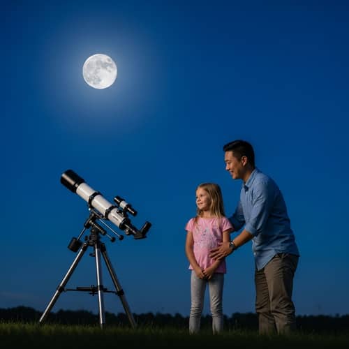 Exploring the Cosmos: Asian Man and Daughter Stargazing