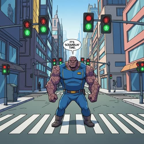 Bold Comic Art Character in Futuristic City - Scramblin' Time!