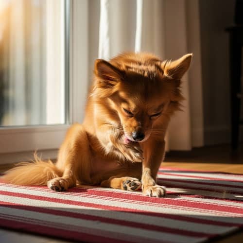 Fluffy Dog Grooming on Striped Rug