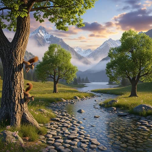 Majestic Oak Trees and Playful Squirrels in Serene Nature Landscape
