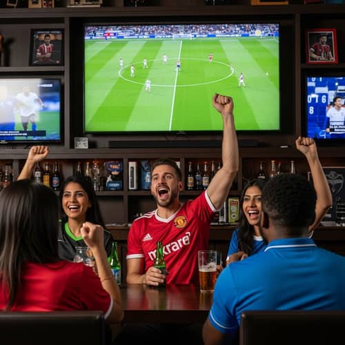 Diverse Spectators Cheer Premier League in Vibrant Sports Bar