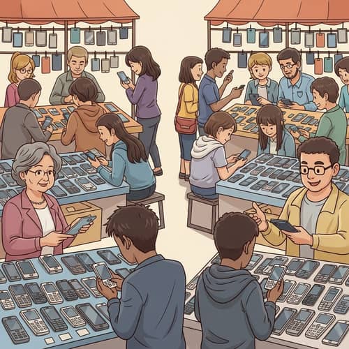 Bustling Second-Hand Mobile Phone Marketplace | Diverse Smartphone Trade
