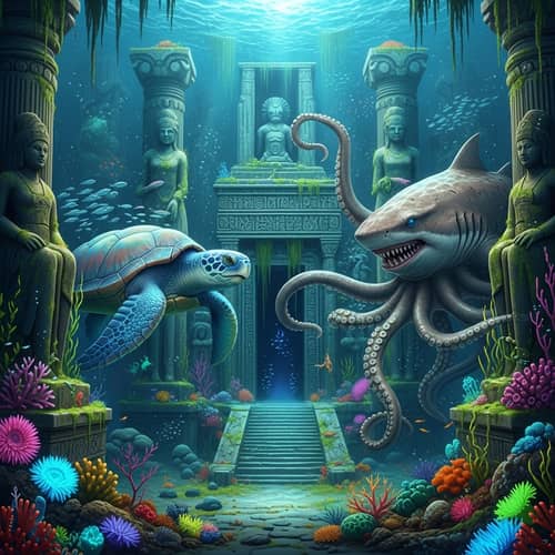 Submerged Ancient Temple with Mythical Sea Creatures