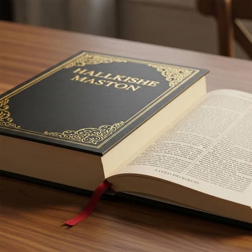 Intricately Detailed Hardcover Book on Vintage Wooden Table