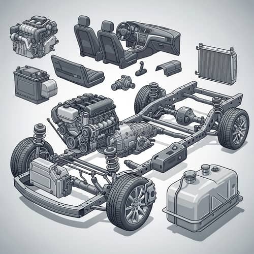Essential Car Parts Depicted: Engine, Battery, Axles, Brakes...