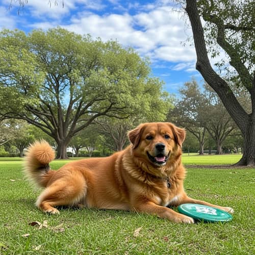 Chubby Cute Dog Lounging in Lush Park Environment