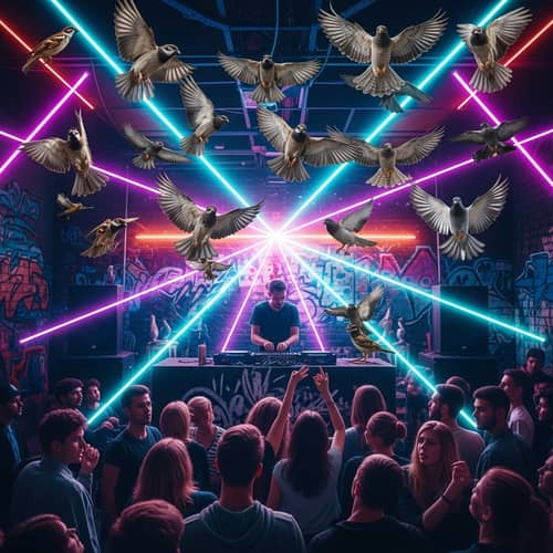 Surreal Techno Club: Birds Soaring Amid Neon Lights