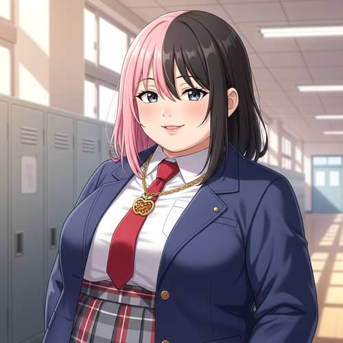 Anime-Style Plump Character with School Outfit & Unique Accessories