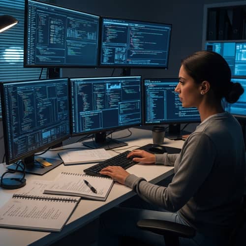 Middle-Eastern Woman Performing Complex Coding Tasks