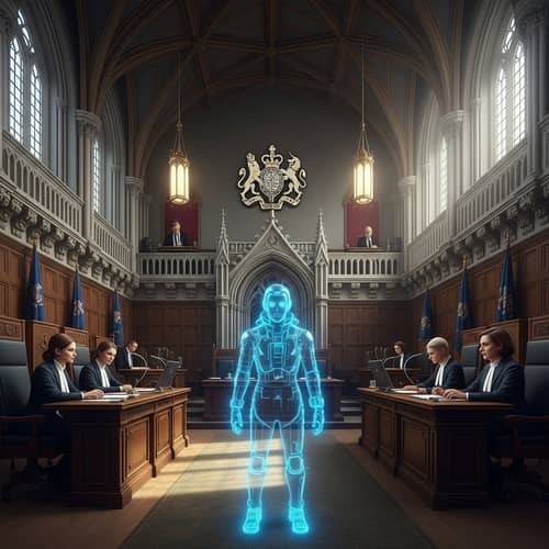 Dramatic Court of Law Scene with AI Hologram | Legal Professionals Discussion