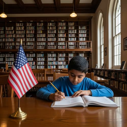 South Asian Boy Studying English in Library | Language Learning