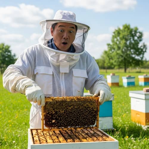 Humorous Asian Beekeeper with Surprised Expression Handling Beehive Frame