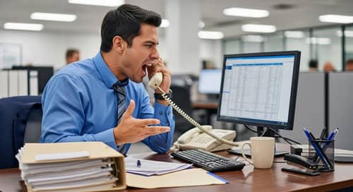 Hispanic Professional Man Yelling at Desk | Office Frustration