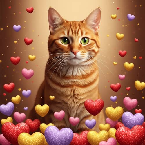 Captivating Orange Cat Surrounded by Hearts