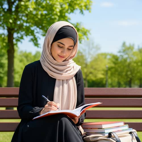 Graceful Middle-Eastern Student Immersed in Learning Outdoors