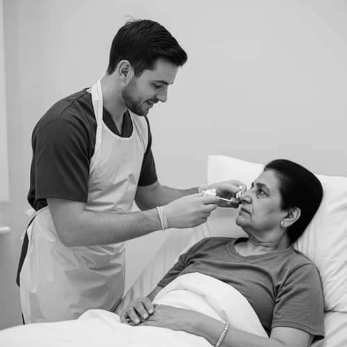 Compassionate Male Care Worker Assisting Bed-Bound Individual in Medication Administration