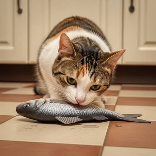Calico Cat Eating Fish: Cozy Kitchen Scene