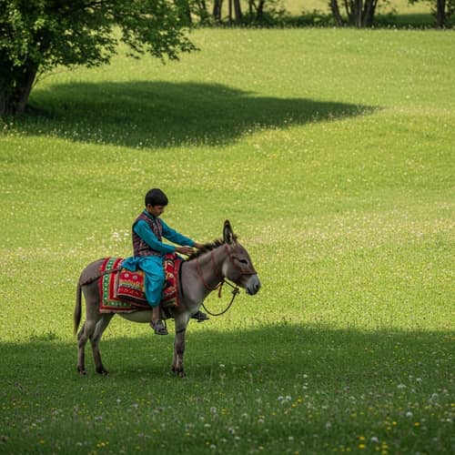 South Asian Boy on Donkey in Rural Village Field