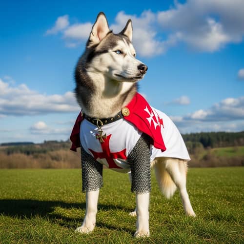 Blue-Eyed Siberian Husky in Templar Knights Uniform