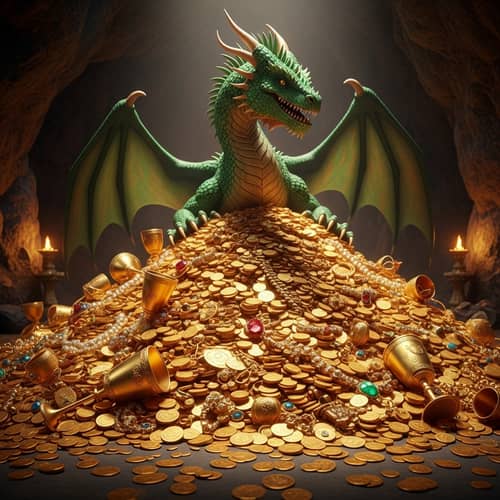 Shiny Green Dragon Guarding Gold Treasure in Mythical Cave