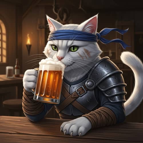 Fierce Feline Warrior Enjoying Frothy Beer in Dimly Lit Tavern
