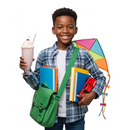 Smiling African American Boy with Milkshake, Messenger Bag, Toy Car, and Kite