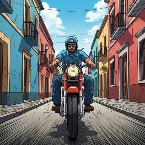 Argentinean Man on Vintage Motorcycle in Colorful Salta Streets