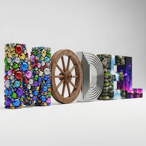Intricately Designed 3D Model Word with Gemstones, Antique Wheel, Silver Maze, Waterfall, Neon Cityscape