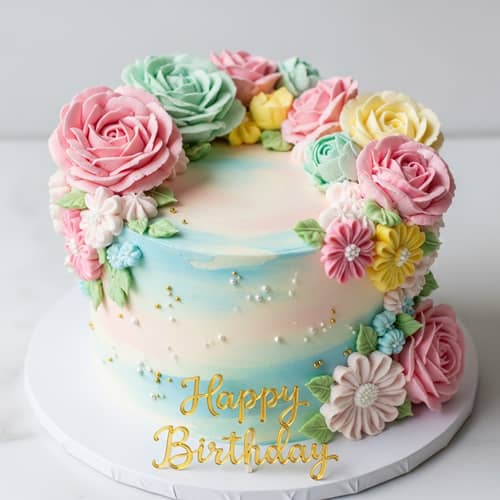 Elegant Birthday Cake with Vibrant Flowers and Gold Calligraphy