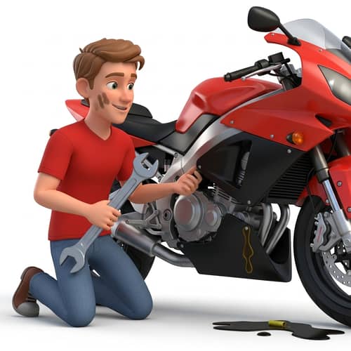 Cartoon Style 3D Image: Young Caucasian Male Fixing Sport Motorcycle
