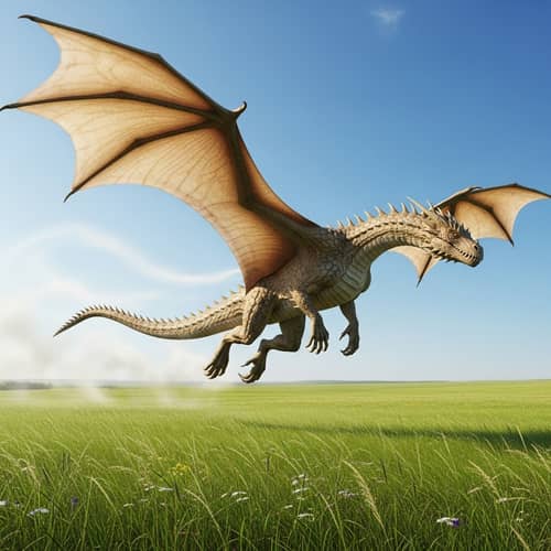 Majestic Beige Dragon Soaring over Lush Green Field
