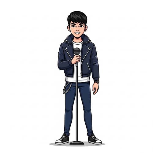 Male South Korean Band Member with Trendy Outfit and Mic