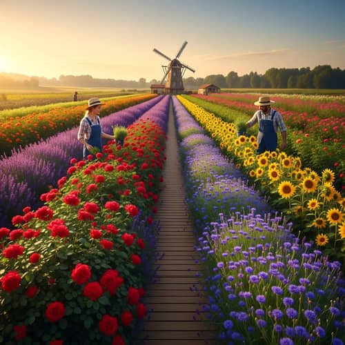 Scenic Flower Farm at Sunset with Colorful Blooms and Farmers
