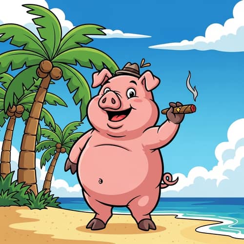 Cartoon Fat Pig Smokes Cigar Next to Tall Palm Trees