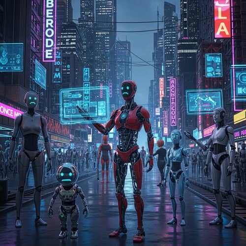 Futuristic AI City of Diverse Robotic Entities
