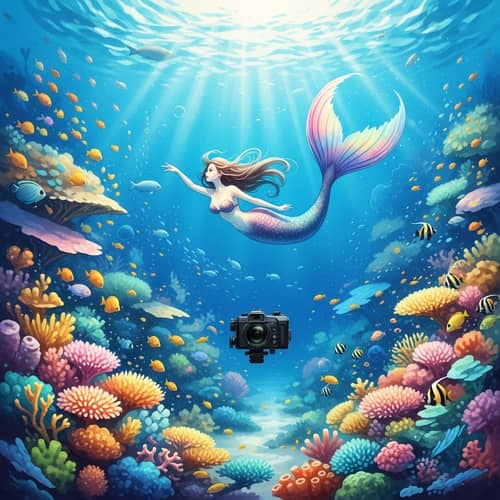 Surreal Underwater Mermaid Scene with Colorful Coral Reefs
